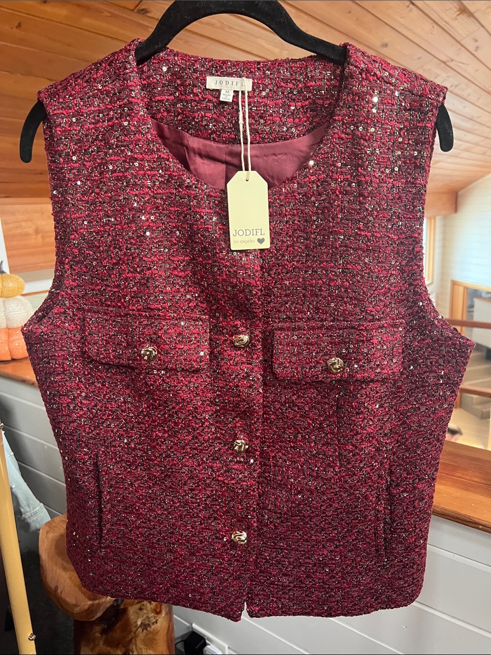 JODIFL Burgundy Sleeveless Button Vest with sequin
